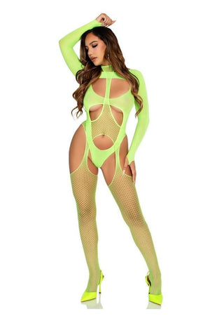 Leg Avenue Fishnet Halter Suspender Bodystocking and Layered Opaque Cut-Out Teddy