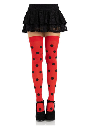 Leg Avenue Polka Dot Opaque Thigh Highs - Black/Red - One Size