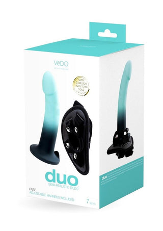 Vedo Duo Silicone Dildo with Harness - Blue/Turquoise